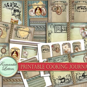 Pu&ograve; includere: Diario di cucina stampabile con un'estetica vintage. Le pagine sono decorate con bordi in corda, motivi floreali e illustrazioni di articoli da cucina. Il titolo "Diario di cucina stampabile" &egrave; in testo rosso su sfondo bianco.