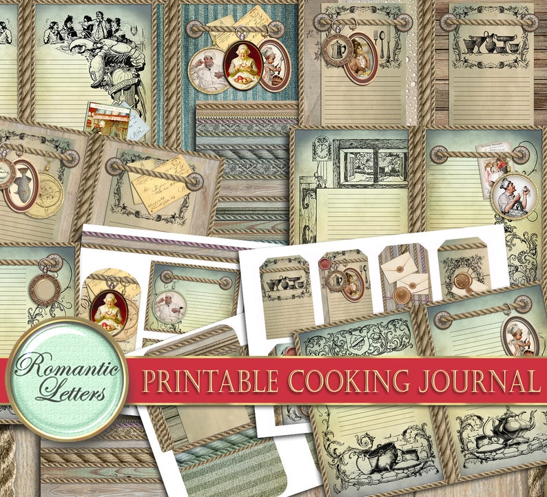 Pu&ograve; includere: Diario di cucina stampabile con un'estetica vintage. Le pagine sono decorate con bordi in corda, motivi floreali e illustrazioni di articoli da cucina. Il titolo "Diario di cucina stampabile" &egrave; in testo rosso su sfondo bianco.