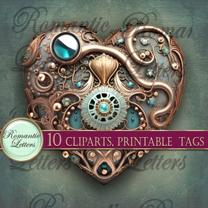 May include: A heart-shaped steampunk design with intricate details in copper, gold, and turquoise. The heart is made of metal and has gears, cogs, and other mechanical elements. It is a digital clipart image.