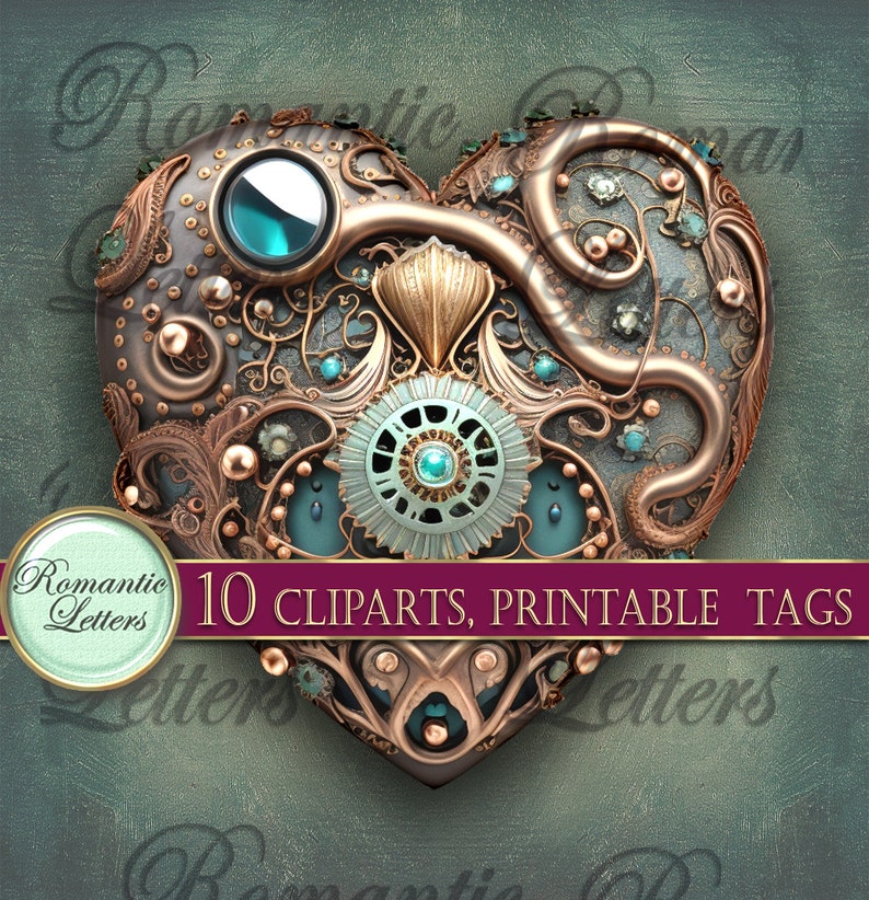May include: A heart-shaped steampunk design with intricate details in copper, gold, and turquoise. The heart is made of metal and has gears, cogs, and other mechanical elements. It is a digital clipart image.