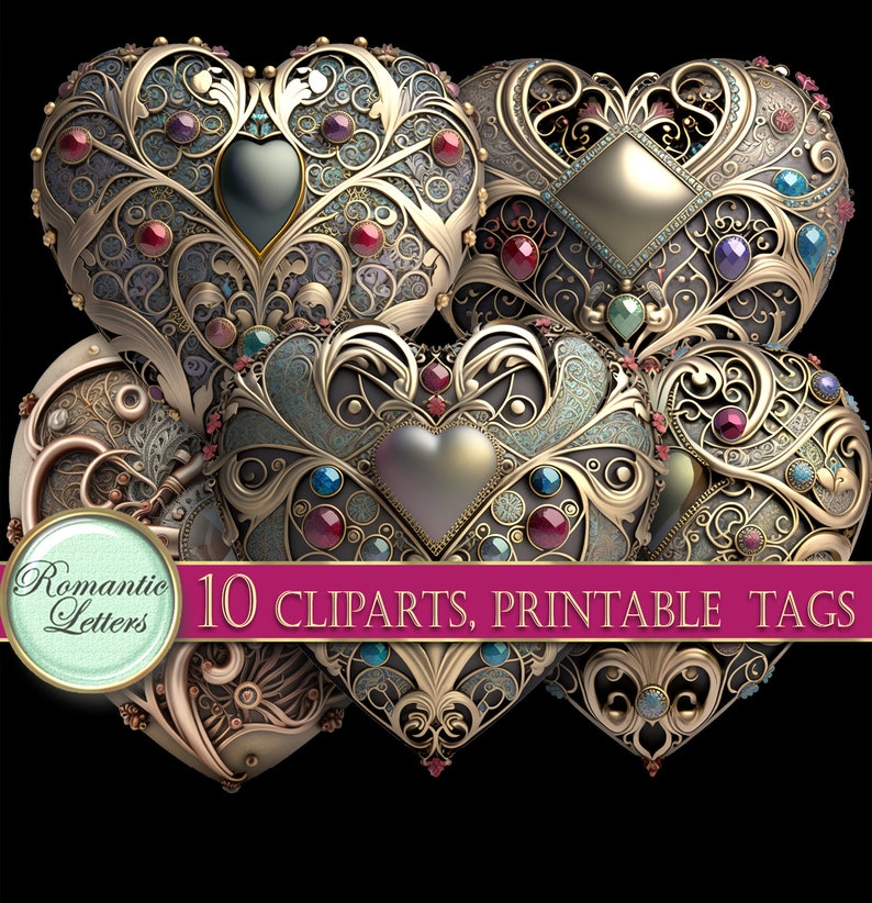 May include: Ten ornate gold heart-shaped clip art images with intricate designs and jewel-toned accents.  The hearts are layered and overlapping.  The text "10 CLIPARTS, PRINTABLE TAGS" is at the bottom of the image.