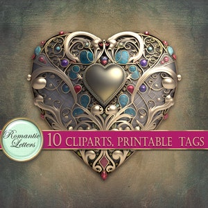 May include: Ornate gold heart-shaped design with intricate details, featuring turquoise and ruby-colored gems. The heart is surrounded by a decorative border and has a gold heart in the center. The image includes the text "10 CLIPARTS, PRINTABLE TAGS".