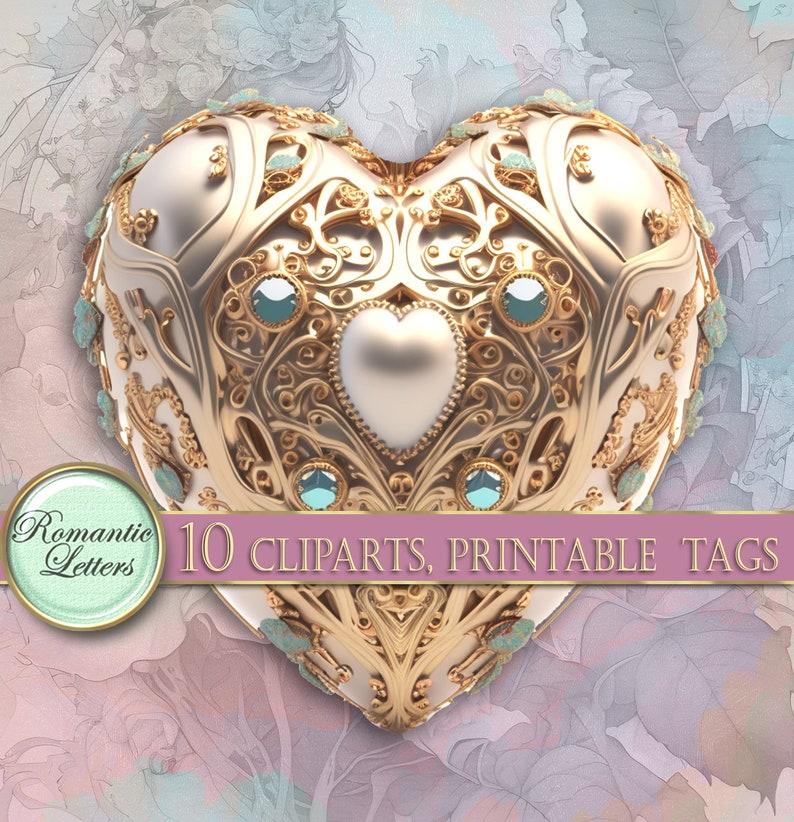 May include: A gold heart-shaped box with intricate details and turquoise gems. The box has a smaller white heart in the center. The text "10 CLPARTS, PRINTABLE TAGS" is on a pink banner below the box.