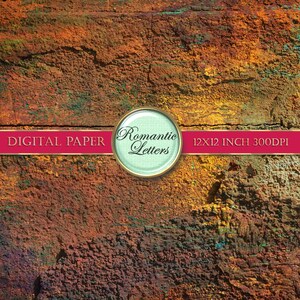 May include: Digital paper with a rusty, textured background. The paper is 12x12 inches and 300 DPI. The text "Romantic Letters" is in a circle with a gold border.