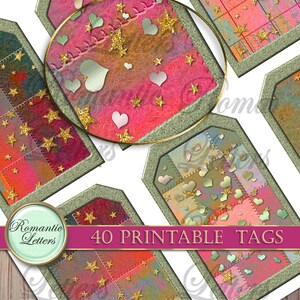 May include: Forty printable tags with a patchwork design featuring hearts, stars, and gold glitter. The tags have a distressed, vintage look and are perfect for adding a touch of charm to gifts or crafts.