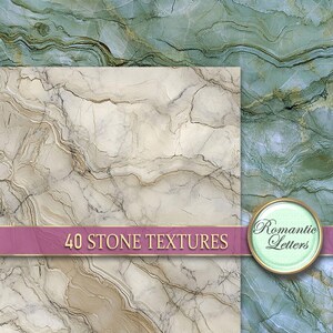 May include: Two seamless digital paper textures featuring a marble pattern. The left side is a light beige marble with brown veins. The right side is a green marble with brown veins. The text "40 STONE TEXTURES" is on a pink ribbon.