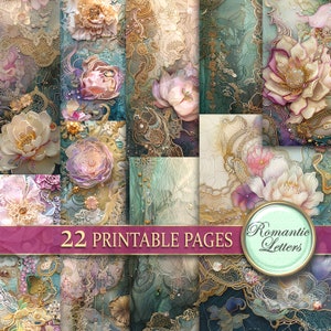 Afdrukbare ongewenste dagboekpagina's digitaal plakboek papierpakket kant vintage Shabby chic decoupage fantasie bloemen collage Victoriaanse afdrukbare kunst