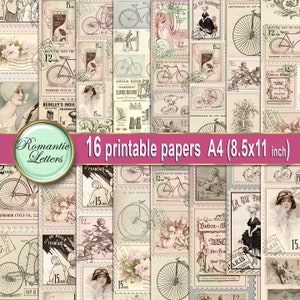 Könnte beinhalten: Ein digitales Collage-Blatt mit 16 bedruckbaren Papieren mit Vintage-Bildern von Fahrrädern, Blumen und Text im romantischen Stil. Die Papiere sind für Scrapbooking, Kartenherstellung und andere Bastelprojekte konzipiert. Die Papiere sind 21,6 cm x 27,9 cm groß.