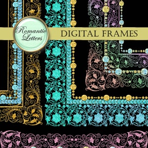 May include: Four digital frames with ornate gold, turquoise, pink, and yellow borders. The frames are decorated with glitter and jewels. The text "Romantic Letters DIGITAL FRAMES" is at the top of the image.