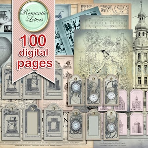 Ephemera di diario vittoriano digitale, 100 carte digitali stampabili! Vendita bundle: rivista vintage, carta per scrapbooking, pagine di libri vecchi, tag