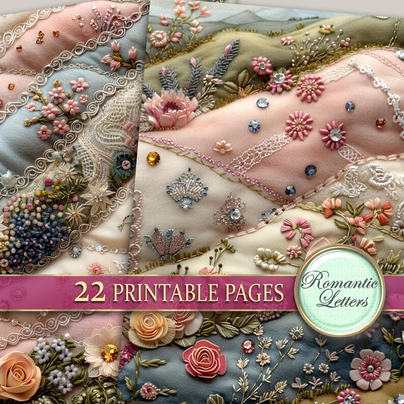 K&ouml;nnte beinhalten: Eine Collage aus 22 druckbaren Seiten mit aufwendigen Stickereien mit floralen Motiven, Perlen und B&auml;ndern. Die Seiten sind perfekt f&uuml;r Bastelprojekte, Scrapbooking oder die Erstellung einzigartiger Kunstwerke. Der Text "Romantic Letters" ist in der rechten unteren Ecke sichtbar.