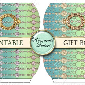 Puede incluir: Plantillas de cajas de regalo imprimibles con un patr&oacute;n de fondo degradado verde y azul con c&iacute;rculos y diamantes. El texto "Printable" y "Gift Boxes" se muestra en una pancarta blanca.
