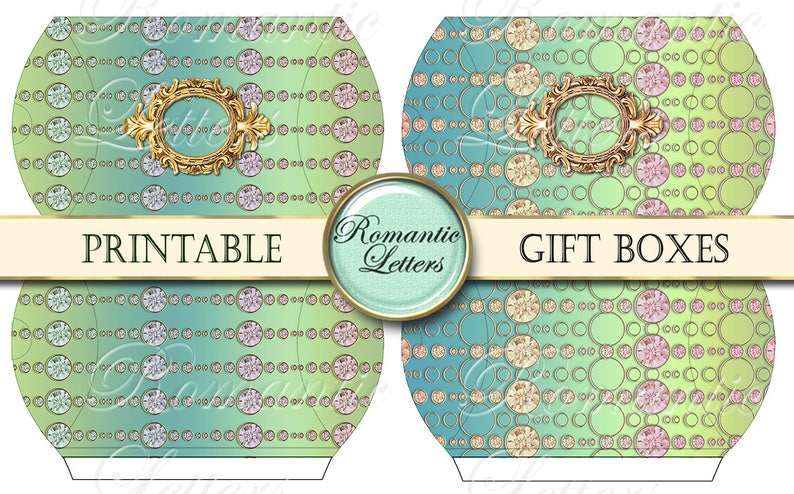 Puede incluir: Plantillas de cajas de regalo imprimibles con un patr&oacute;n de fondo degradado verde y azul con c&iacute;rculos y diamantes. El texto "Printable" y "Gift Boxes" se muestra en una pancarta blanca.