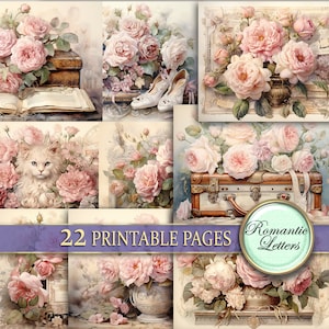 Floral Digital Scrapbook Papier Pack Junk-Journal Seiten Shabby Chic rose Blumen vintage printable Decoupage Papier Papier rosa viktorianisches A4