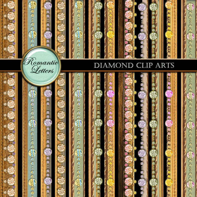 May include: A digital clip art set of 20 different borders featuring gold, silver, and pastel colored diamond patterns. The text "Romantic Letters" and "Diamond Clip Arts" is included in the image.