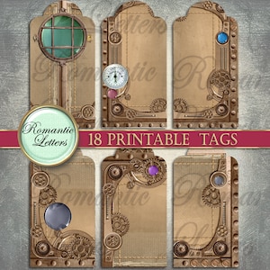 May include: 18 printable steampunk style gift tags with a brown background and gold gears, rivets, and other embellishments. Some tags feature a clock face, a porthole, or a jewel.