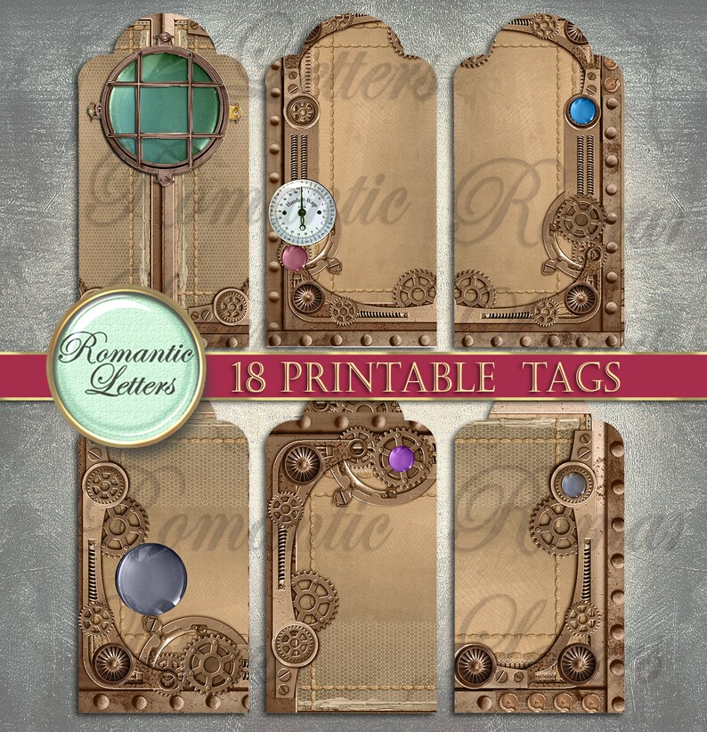 May include: 18 printable steampunk style gift tags with a brown background and gold gears, rivets, and other embellishments. Some tags feature a clock face, a porthole, or a jewel.