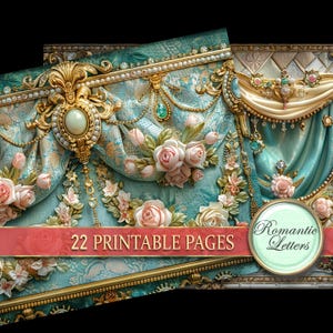 Puede incluir: Collage digital con cortinas decorativas turquesas y doradas con rosas rosas y detalles de perlas. La imagen incluye el texto "22 PRINTABLE PAGES" en una pancarta roja y un logotipo circular que dice "Romantic Letters".