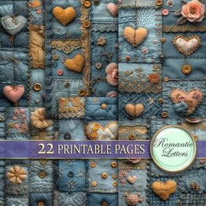 May include: A collage of 22 printable pages featuring a patchwork design with blue denim fabric, lace, and embroidered hearts. The text "Romantic Letters" is visible in the lower right corner.