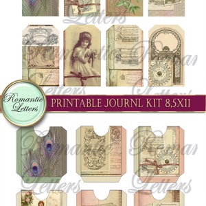 May include: Printable journal kit with 10 vintage style tags featuring images of peacocks, roses, a girl, and a clock. The tags are 8.5 inches by 11 inches and are perfect for scrapbooking, journaling, and other craft projects.