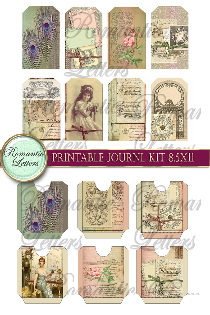 May include: Printable journal kit with 10 vintage style tags featuring images of peacocks, roses, a girl, and a clock. The tags are 8.5 inches by 11 inches and are perfect for scrapbooking, journaling, and other craft projects.