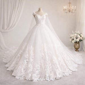 Pode incluir: Um vestido de noiva branco estilo baile com decote em coração, mangas curtas e um corpete justo com bordados de renda intrincados. A saia volumosa é feita de tule e adornada com grandes aplicações de renda floral na bainha.