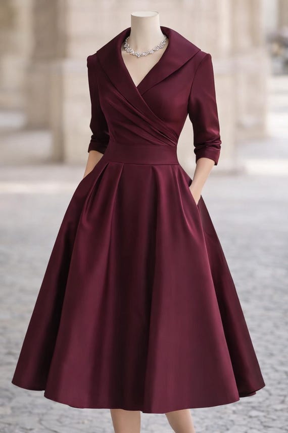 Vintage A-Line Midi Dress, Wrap Waist, Collared, Long Sleeve, Pockets