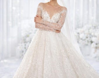 Funkelndes Ballkleid Hochzeit, Perlenspitze Prinzessin Braut, langes Ärmel kundenspezifisches Kleid