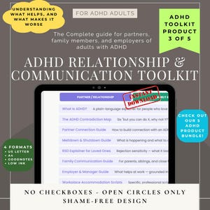 May include: ADHD Relationship & Communication Toolkit product image. The image features a tablet displaying a guide for ADHD adults, with sections on partner/relationship, and family communication. Includes the text "Instant Download".