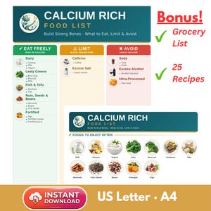Op de afbeelding: Een digitale infographic getiteld Calcium Rich Food List met secties voor voedingsmiddelen om te eten, te beperken en te vermijden. Het bevat een boodschappenlijst, 25 recepten en iconen voor zuivel, groenten, vis en noten. Beschikbaar in A4-formaat.