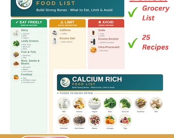 Calcium Rich Food List Printable | Diet Cheat Sheet, Grocery List and Recipes | Foods to Eat, Limit & Avoid | Letter + A4 PDF