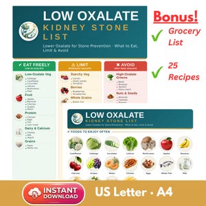Op de afbeelding: Een digitale gids getiteld Low Oxalate Kidney Stone List met secties voor voedingsmiddelen om te eten, beperken en vermijden. Het bevat een boodschappenlijst, 25 recepten en voedseliconen. Beschikbaar als download in A4 en US Letter formaat.