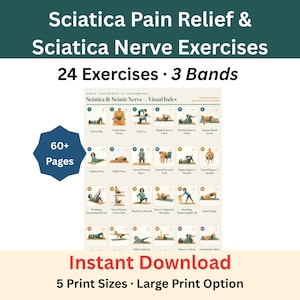 May include: A digital guide titled Sciatica Pain Relief & Sciatica Nerve Exercises featuring 24 exercises and 3 bands. The document contains 60+ pages with a visual index of numbered illustrations showing various physical poses and stretches.