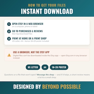 May include: An instructional graphic titled HOW TO GET YOUR FILES INSTANT DOWNLOAD. It lists three steps: open Etsy in a web browser, go to purchases and reviews, and print at home or a shop. It specifies US Letter, A4, and 16x20 inch sizes.