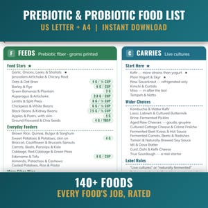 May include: A digital chart titled PREBIOTIC & PROBIOTIC FOOD LIST US LETTER + A4 | INSTANT DOWNLOAD. It features two columns: FEEDS for prebiotic fiber with gram measurements per cup or tablespoon, and CARRIES for live cultures, totaling 140+ foods.