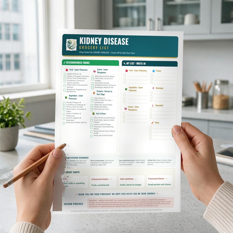 May include: A printed grocery list titled Kidney Disease Grocery List with a dark teal header. The document features columns for recommended foods, including fruits, vegetables, grains, and proteins, alongside a blank write-in section for personal use.