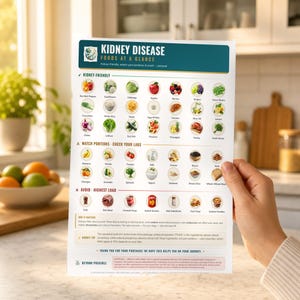 May include: A white informational chart titled Kidney Disease Foods at a Glance, featuring three color-coded sections: Kidney-Friendly, Watch Portions, and Avoid. It displays various food illustrations with labels, explanatory text, and a medical disclaimer.