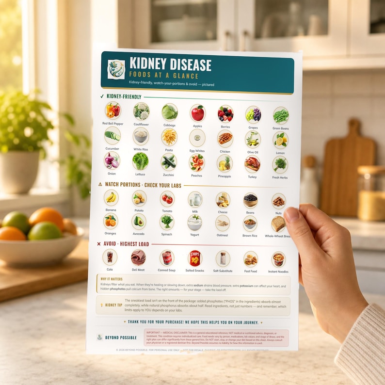 May include: A white informational chart titled Kidney Disease Foods at a Glance, featuring three color-coded sections: Kidney-Friendly, Watch Portions, and Avoid. It displays various food illustrations with labels, explanatory text, and a medical disclaimer.