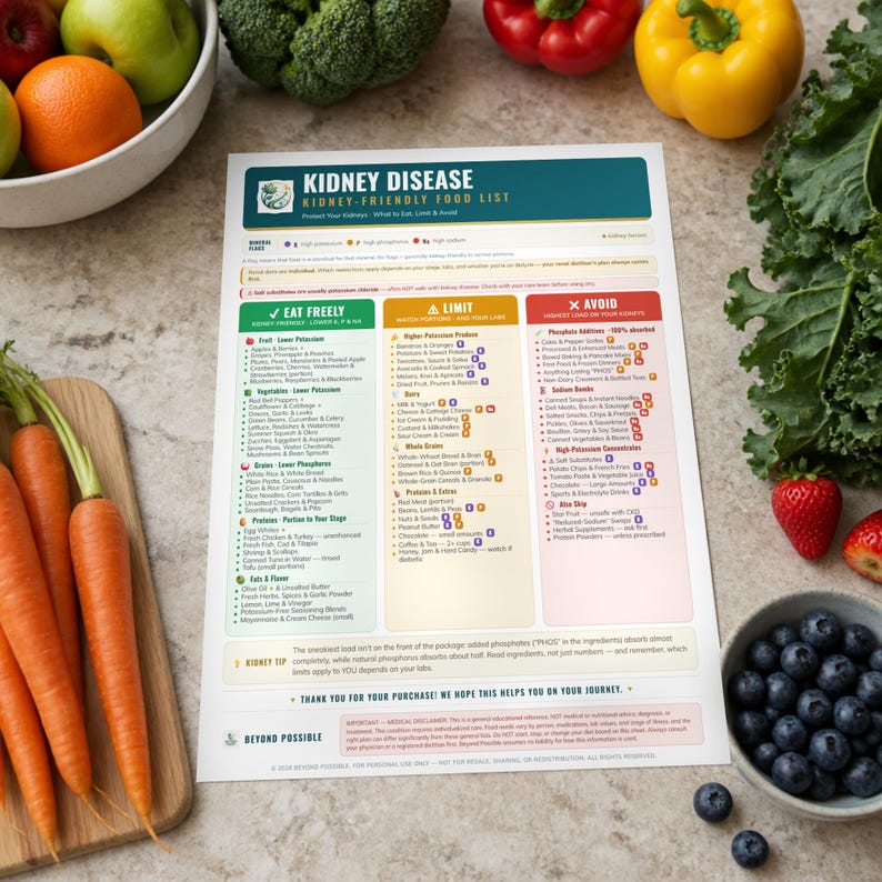 May include: A printed kidney-friendly food list chart titled Kidney Disease, featuring three color-coded columns labeled Eat Freely, Limit, and Avoid. The document includes detailed lists of food items, dietary tips, and a disclaimer, surrounded by fresh produce like carrots, broccoli, peppers, apples, oranges, and blueberries.