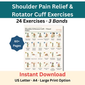 Op de afbeelding: Een digitale gids getiteld Shoulder Pain Relief & Rotator Cuff Exercises met 24 oefeningen en 3 banden. Het document bevat meer dan 60 pagina's met een visuele index van illustraties die verschillende fysieke bewegingen tonen, beschikbaar in A4-formaat.