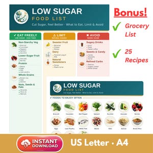 Lista imprimible de alimentos bajos en azúcar / Guía rápida de dieta, lista de la compra y recetas / Alimentos para comer, limitar y evitar / PDF tamaño carta + A4
