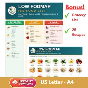 May include: A digital Low FODMAP IBS food list guide featuring categorized sections for foods to eat, limit, and avoid. The document includes a grocery list, 25 recipes, and visual icons for various vegetables, fruits, grains, and proteins. Available in US Letter and A4 sizes as an instant download.