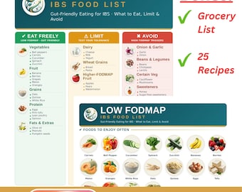 Low FODMAP Food List Printable | Diet Cheat Sheet, Grocery List and Recipes | Foods to Eat, Limit & Avoid | Letter + A4 PDF