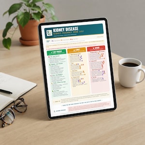 May include: A digital tablet displaying a Kidney Disease Kidney-Friendly Food List. The chart is organized into three color-coded columns labeled Eat Freely, Limit, and Avoid, providing detailed dietary guidance for managing kidney health.