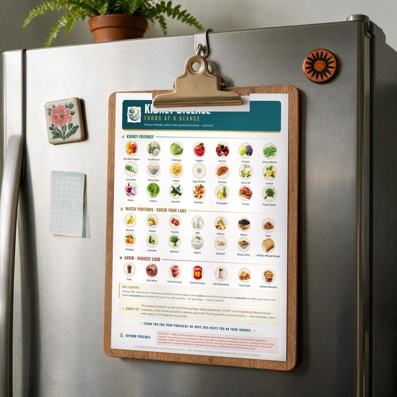May include: A wooden clipboard holding a white informational chart titled Kidney Disease Foods at a Glance. The chart features categorized food icons with text labels, organized into sections for kidney-friendly items, portion monitoring, and foods to avoid.