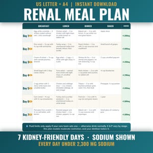 May include: A digital renal meal plan chart titled RENAL MEAL PLAN with US LETTER + A4 instant download. The table lists breakfast, lunch, dinner, and snack options for seven days, including sodium content per day and a note on fluid limits.