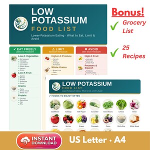 Könnte beinhalten: Ein digitaler Leitfaden mit dem Titel Low Potassium Food List mit Kategorien zum freien Verzehr, zur Einschränkung und zur Vermeidung bestimmter Lebensmittel. Er enthält eine Einkaufsliste, 25 Rezepte und visuelle Beispiele für Produkte wie Blumenkohl, Äpfel und Paprika in den Formaten US Letter und A4.