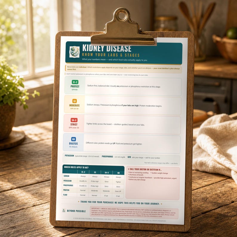 May include: A wooden clipboard holding an educational document titled Kidney Disease: Know Your Labs & Stages. The chart uses color-coded sections to explain health stages, dietary restrictions, and lab values for sodium, potassium, and phosphorus.