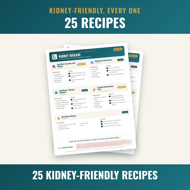 May include: A digital recipe collection document titled Kidney-Friendly, Every One 25 Recipes. The white pages feature dark teal headers and text, listing meal options like Egg White Scramble with Peppers and Baked Cod with Lemon.