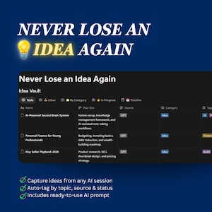 Plantilla de Notion / Bóveda de ideas con IA para creadores y emprendedores (descarga digital)